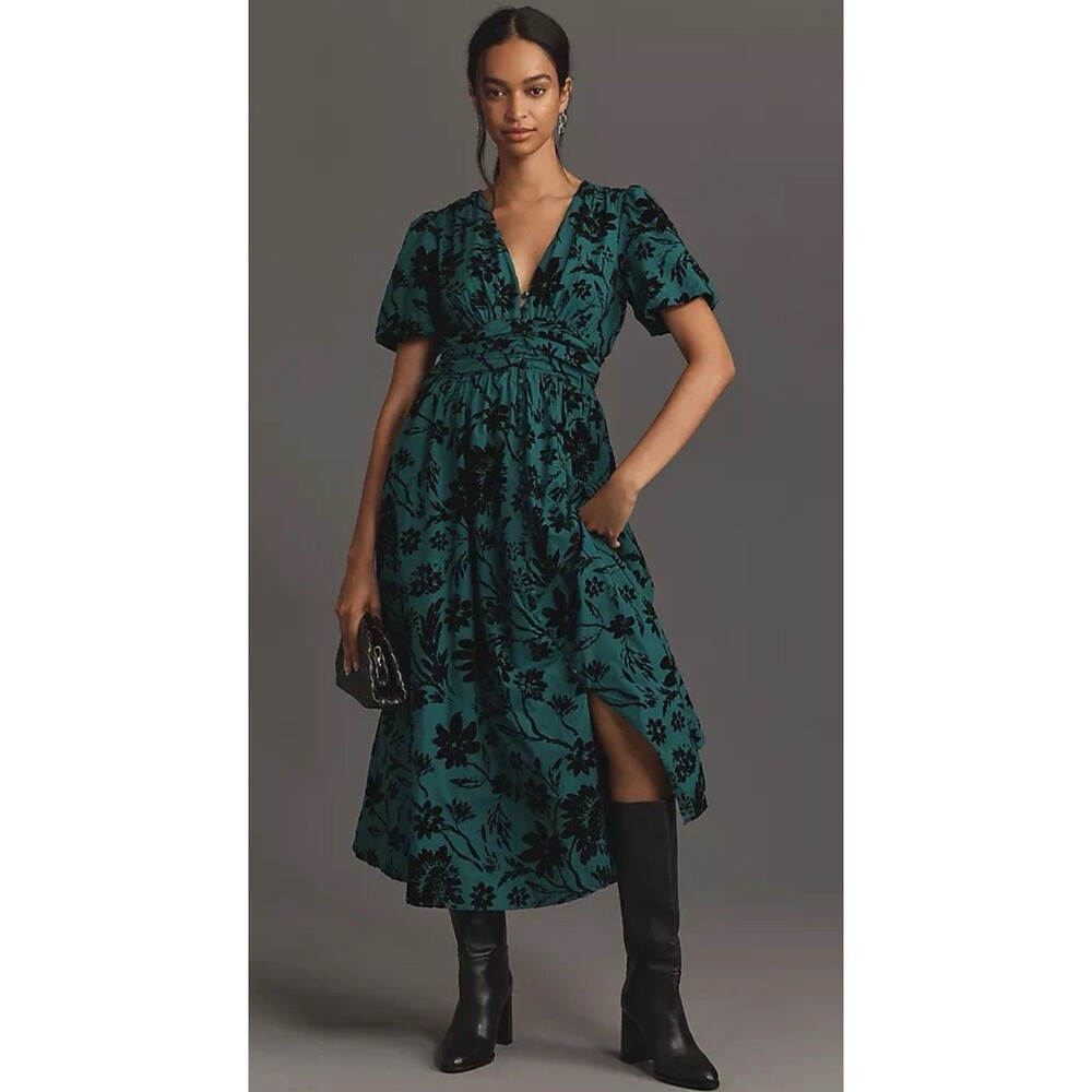 Anthropologie Midi Dress Katherina Green Floral Button Front Preppy Size XS NWT